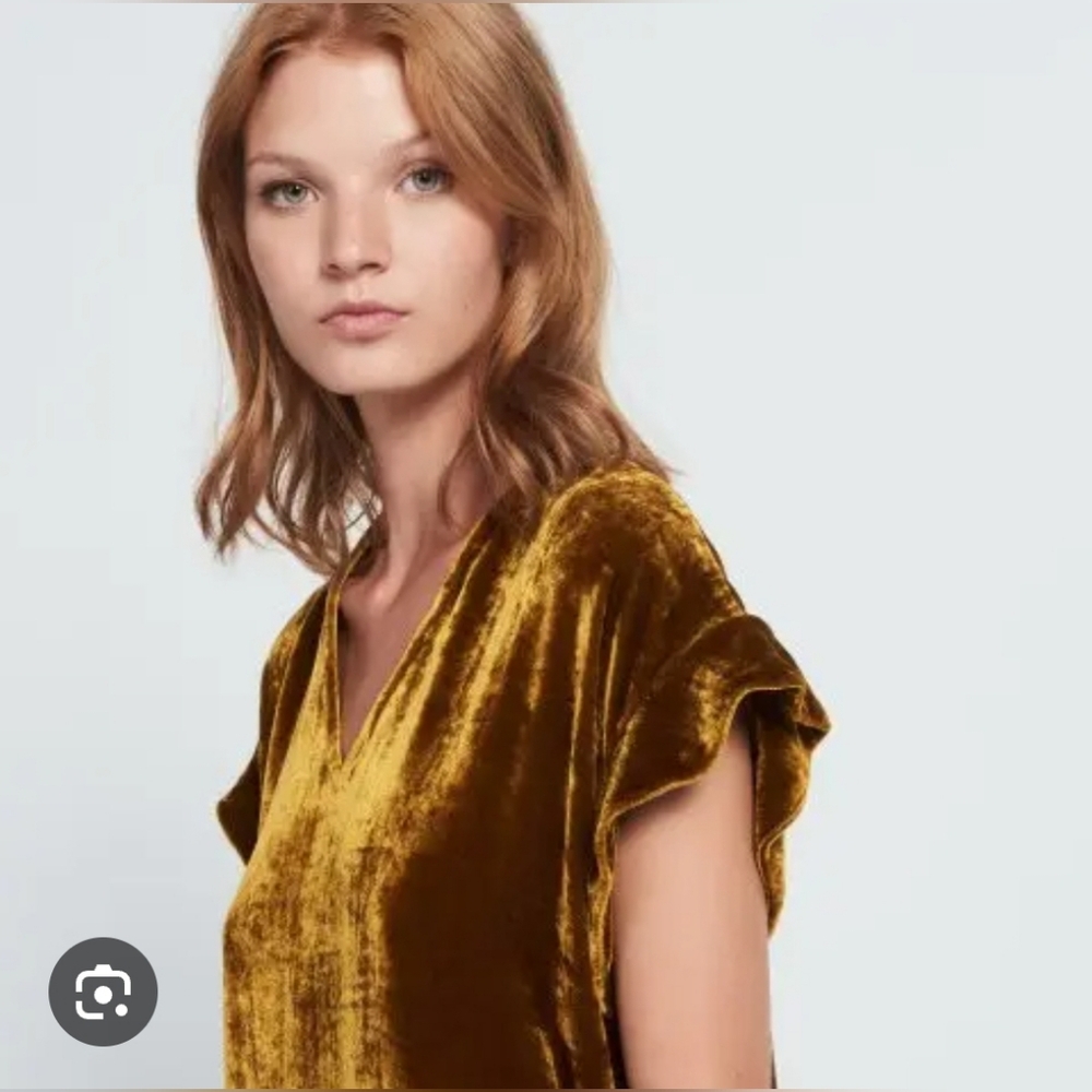 Sandro Paris Velvet V-Neck Ruffle Sleeve Top - Gold Small Euc